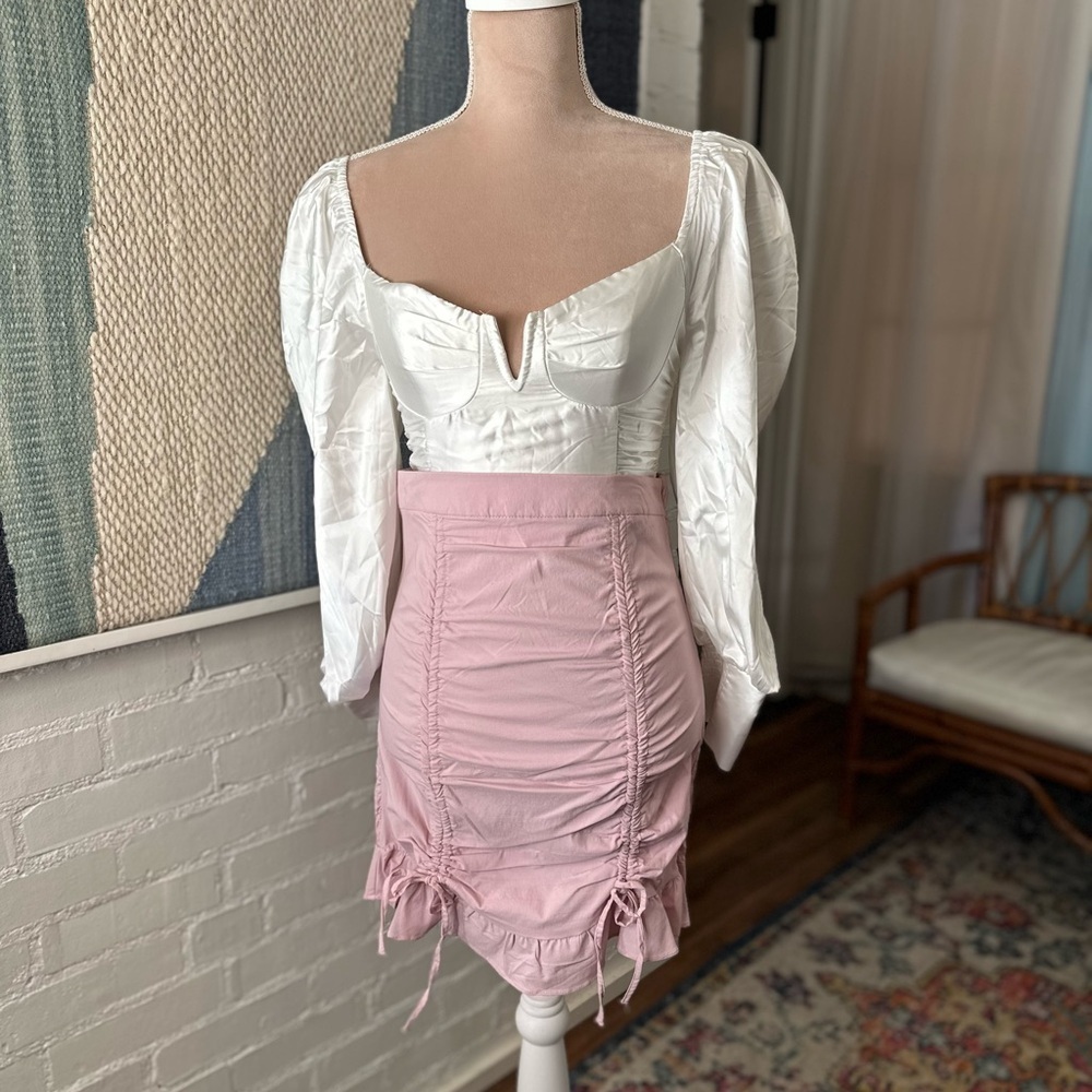 Story On Pink Ruched Panel Ruffle BodyCon Skirt - Picture 6 of 9